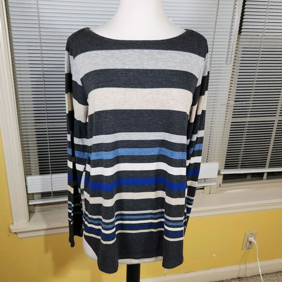 Liz Claiborne $59 XL Gray White Blue Striped Boat Neck Nautical Knit Top - Picture 1 of 9